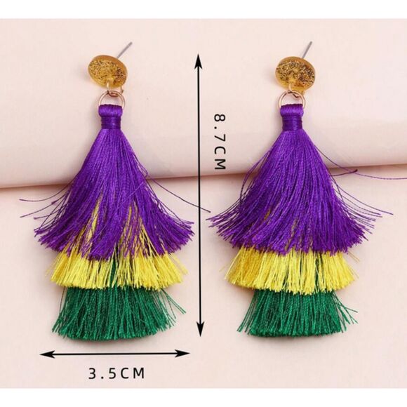 Purple Gold Green Tassel Dangle Earrings - Picture 3 of 4